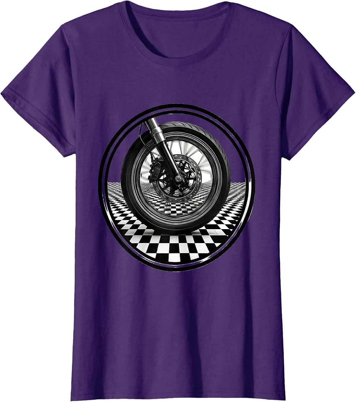 Women's Motorcycle Wheel Black White Checkered Graphic T-Shirt - Purple