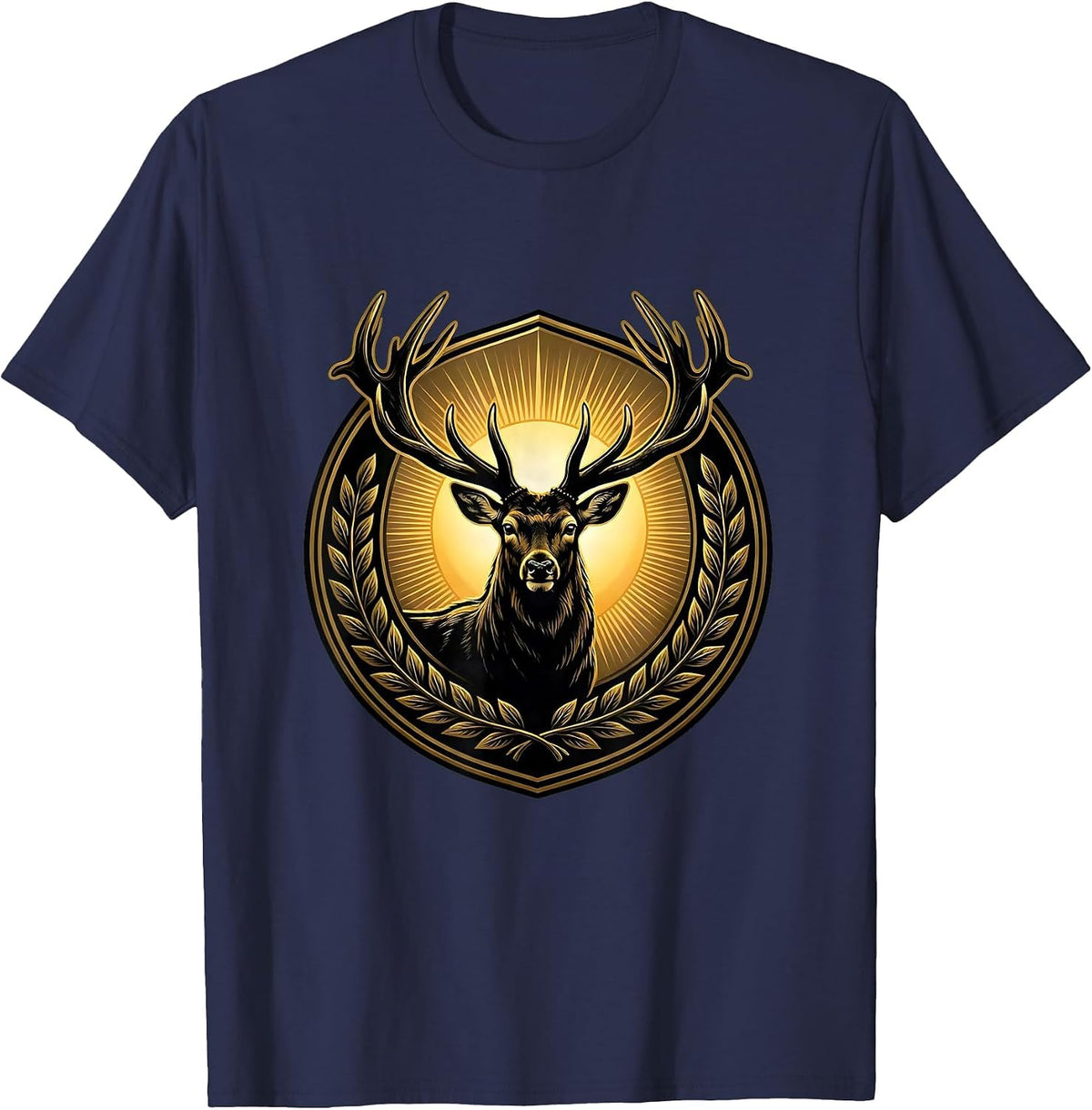 Men's Buck Deer Silhouette Rising Sun Hunting Design T-Shirt - Navy Blue