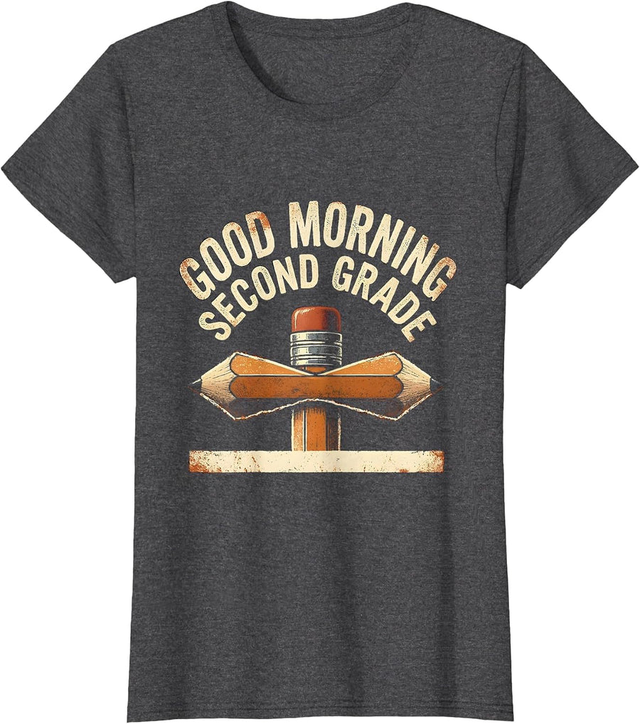 Women's Good Morning, Second Grade Cute Coquette Bow Back to School T-Shirt - Dark Heather Grey