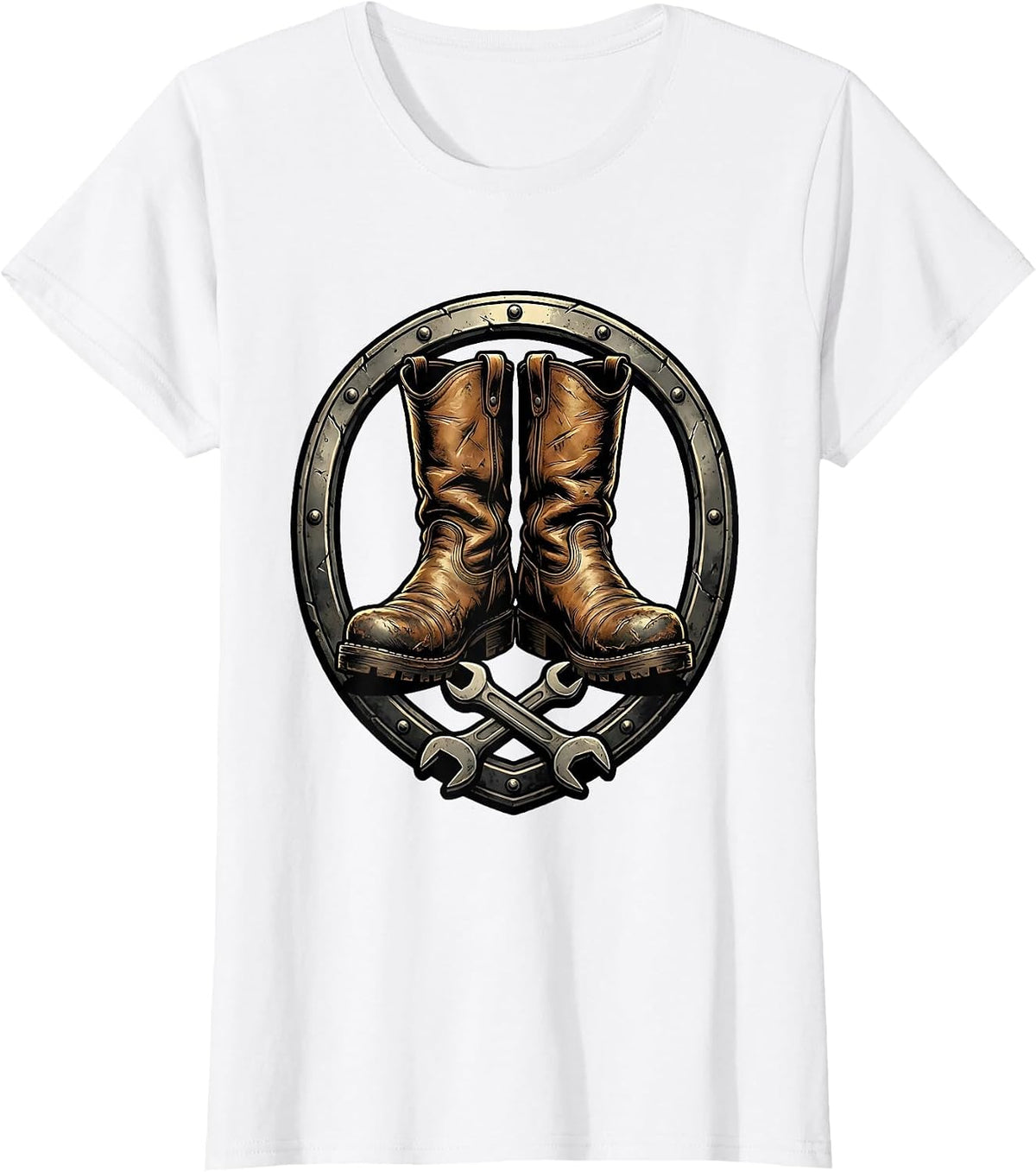 Worn Leather Riding Boots Motorcycle Graphic T-Shirt - White