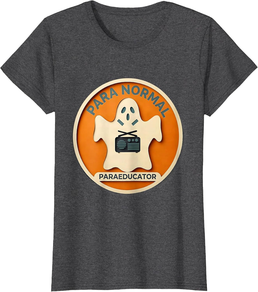 Women's Para Normal Paraeducator Paper Cutout Ghost Halloween T-Shirt - Dark Heather Grey