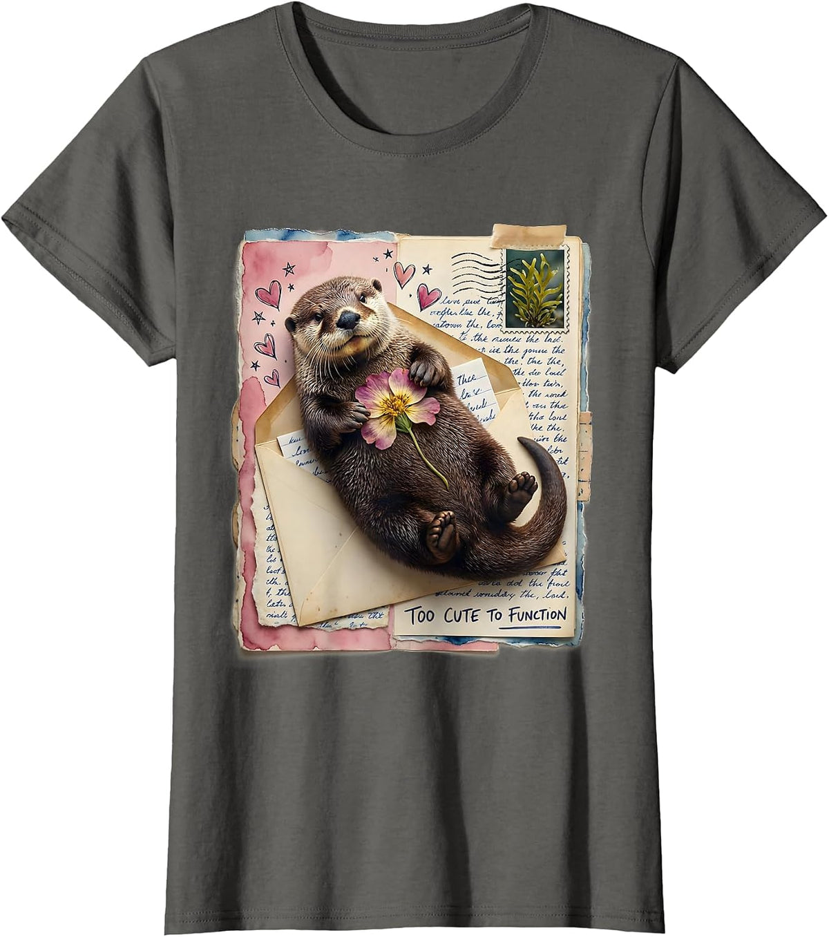 Women's Too Cute To Function Sea Otter Design T-Shirt - Asphalt Grey