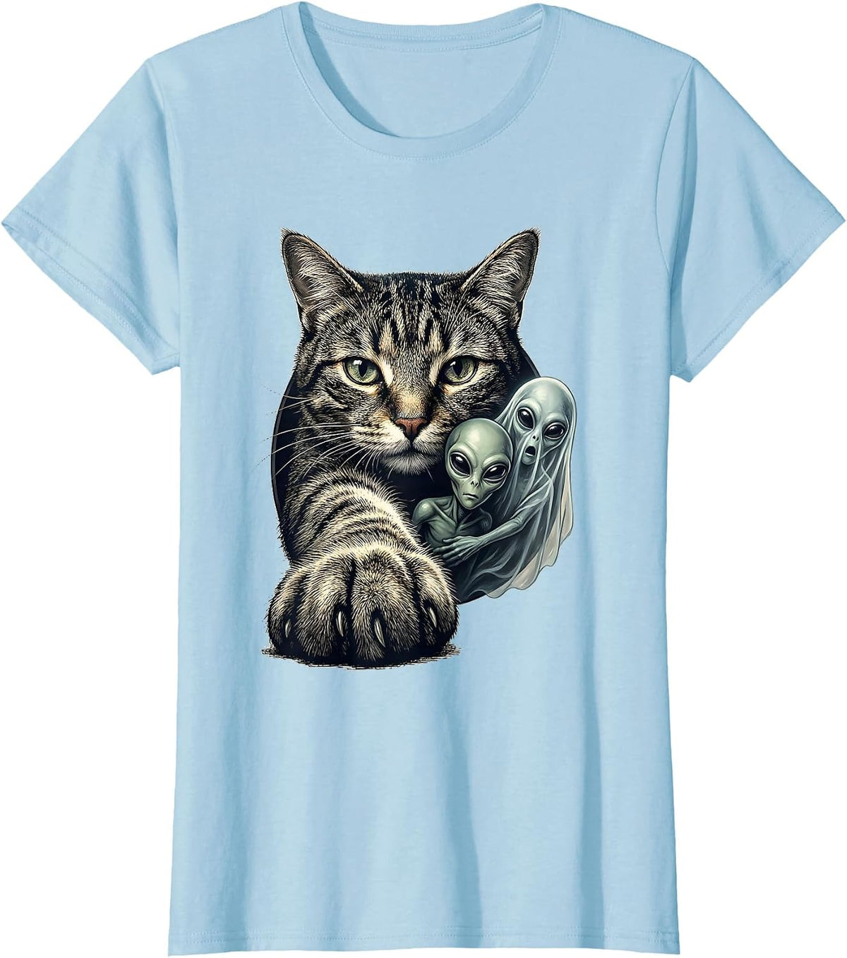 Oversized Cat Selfie Paranormal Alien Ghost Funny Cat Lover T-Shirt - Baby Blue