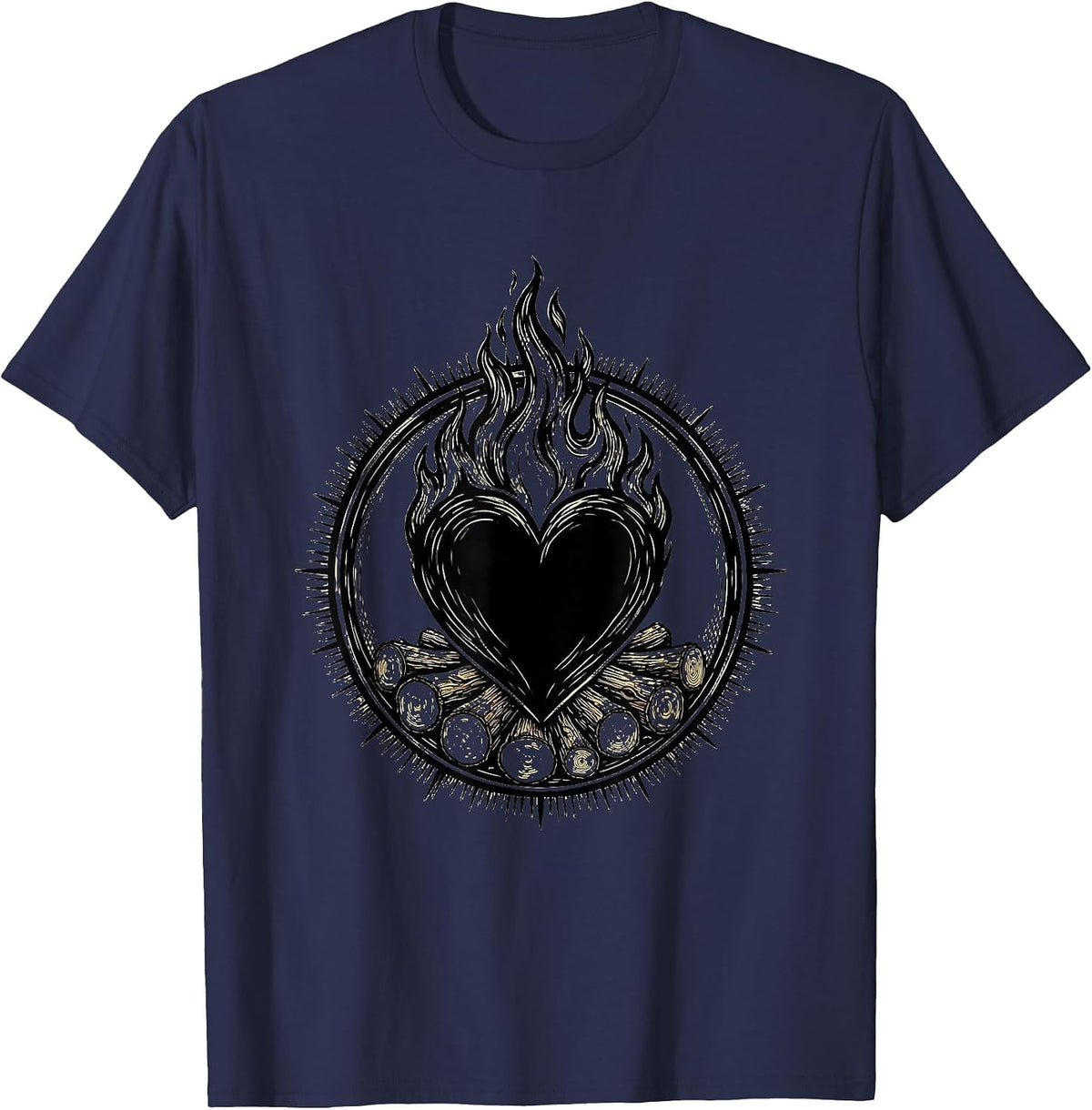 Heart Shaped Burning Campfire Graphic Design T-Shirt - Navy Blue
