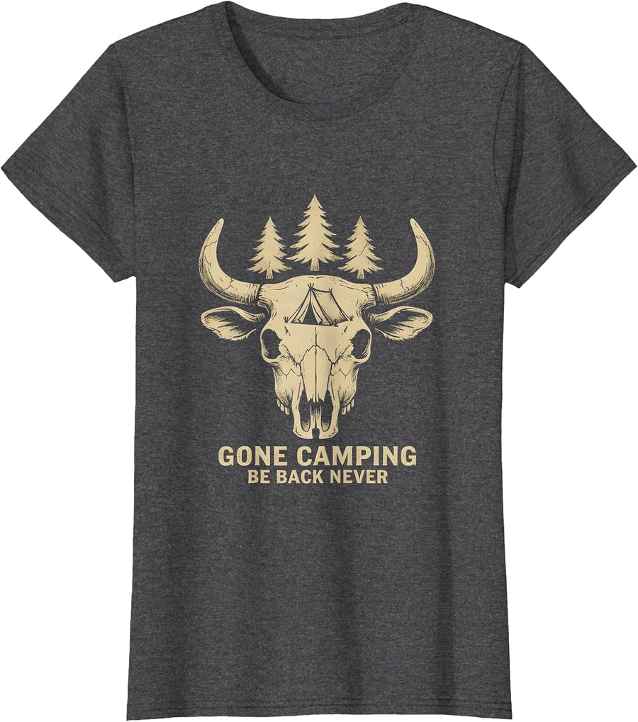 Women's Gone Camping Be Back Never Funny Outdoors Design T-Shirt - Dark Heather Grey