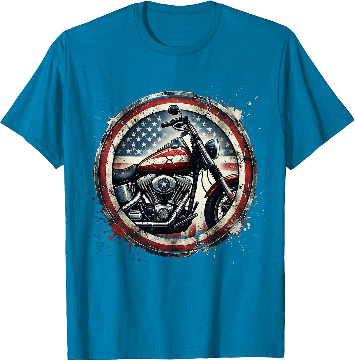 Patriotic Motorcycle Flag Fuel Tank Illustration T-Shirt - Sapphire Blue