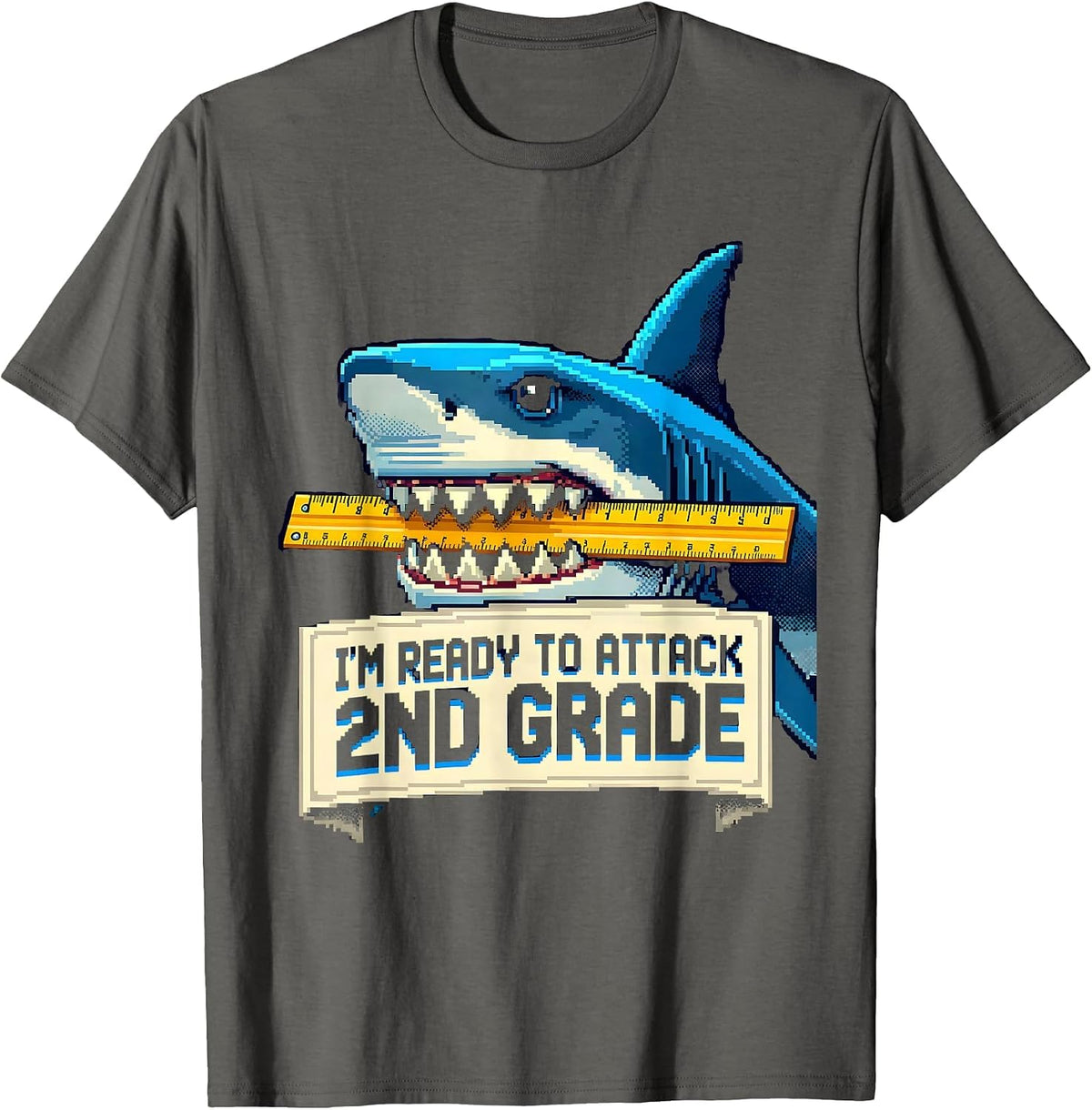 I'm Ready To Attack 2nd Grade Pixel Art Funny Shark Back T-Shirt - Asphalt Grey
