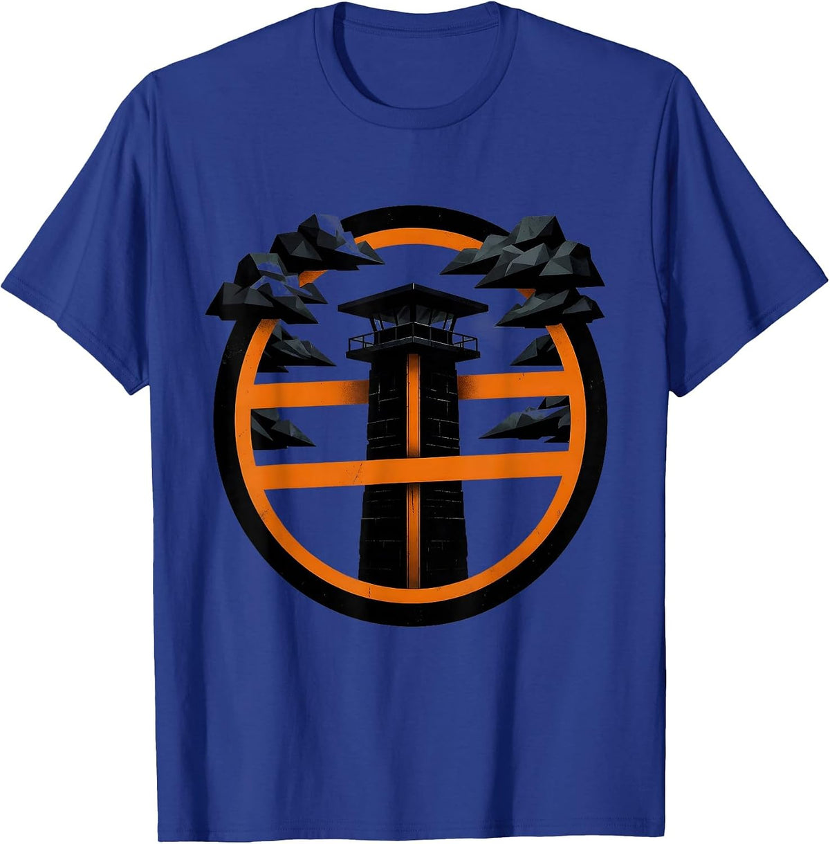 Men's Guard Tower Silhouette Stormy Night Design T-Shirt - Royal Blue