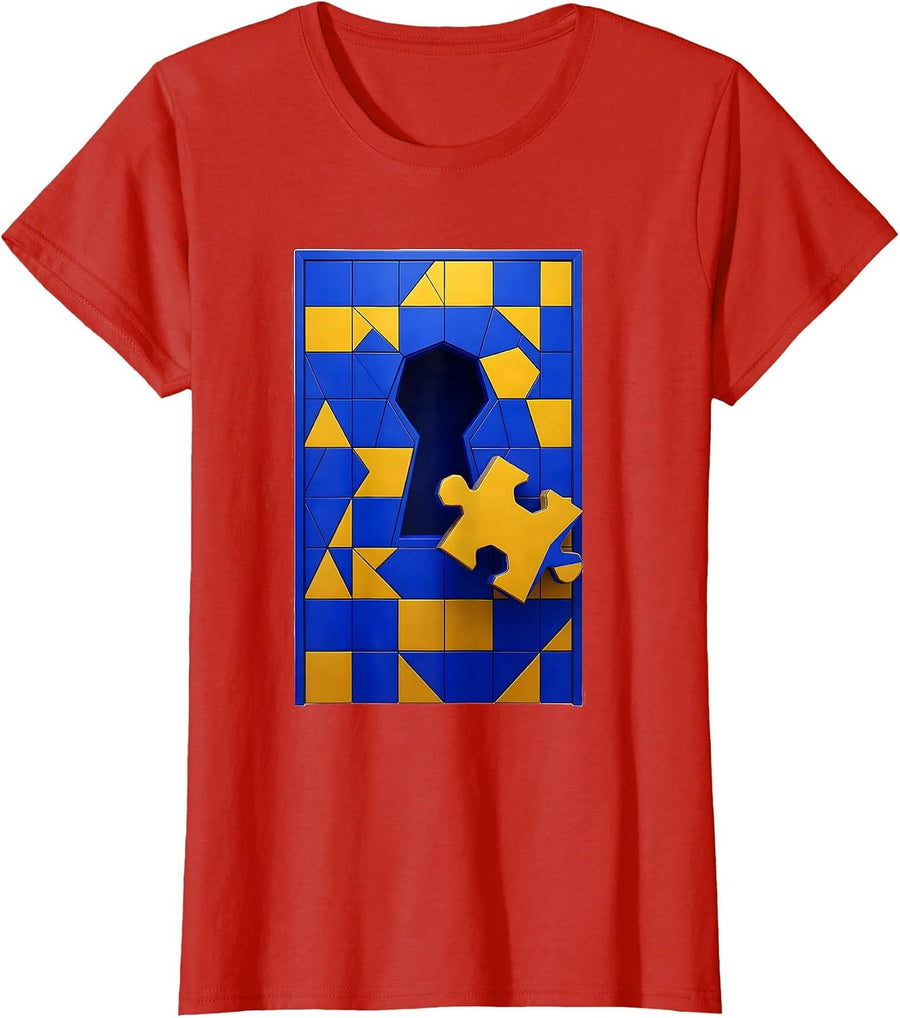Women's Autism Puzzle Piece Glowing Door Unlocking Art T-Shirt - Red