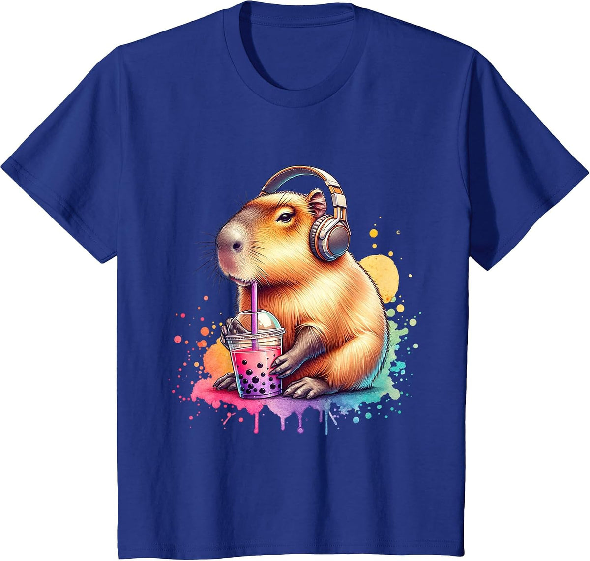 Funny Capybara Listening to Music and Drinking Boba. Boba T-Shirt - Royal Blue