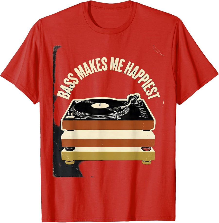 Men's Bass Makes Me Happiest Vintage EDM Rave Music Lover DJ Party T-Shirt - Red
