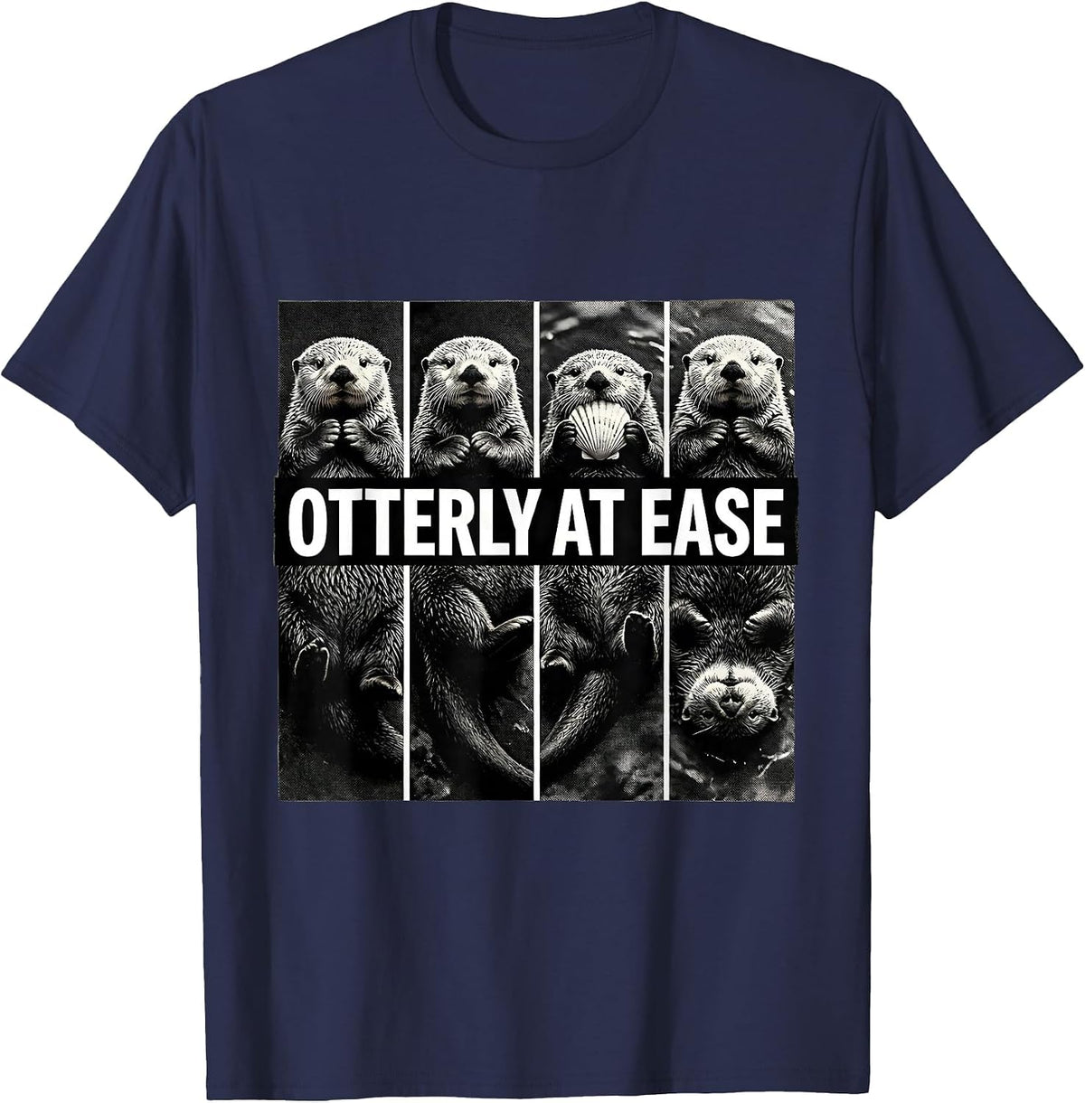 Otterly At Ease Monochrome Multi-Panel Sea Otter Humor T-Shirt - Navy Blue