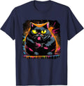 Psychedelic, Trippy, Black Light Poster Cat Illustration T-Shirt - Navy Blue