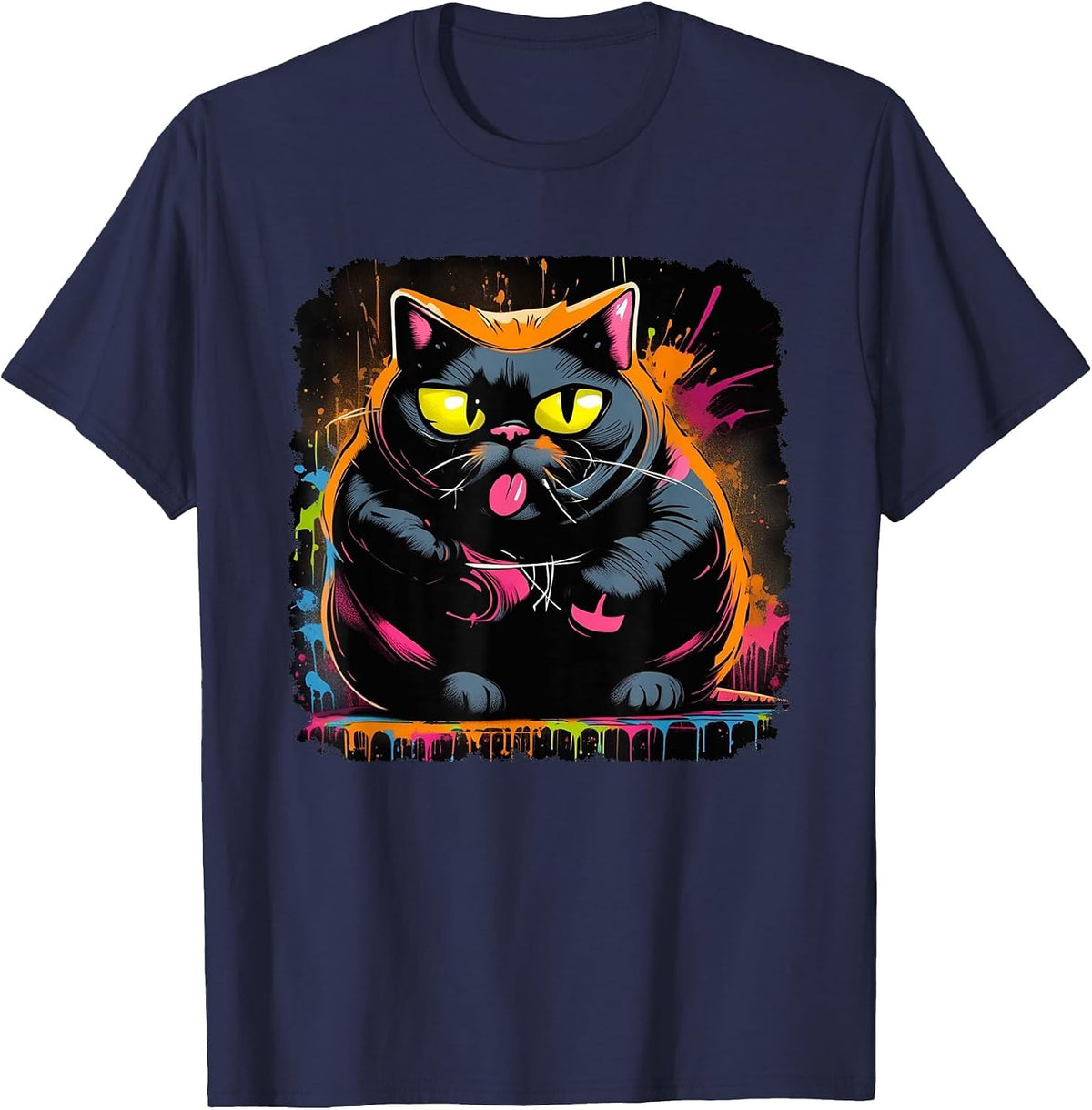 Psychedelic, Trippy, Black Light Poster Cat Illustration T-Shirt - Navy Blue
