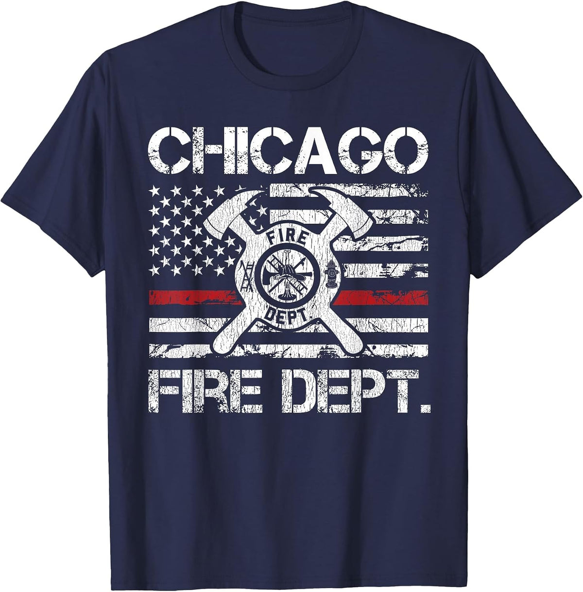 Chicago Illinois Fire Department Thin Red Line Fireman T-Shirt - Navy Blue