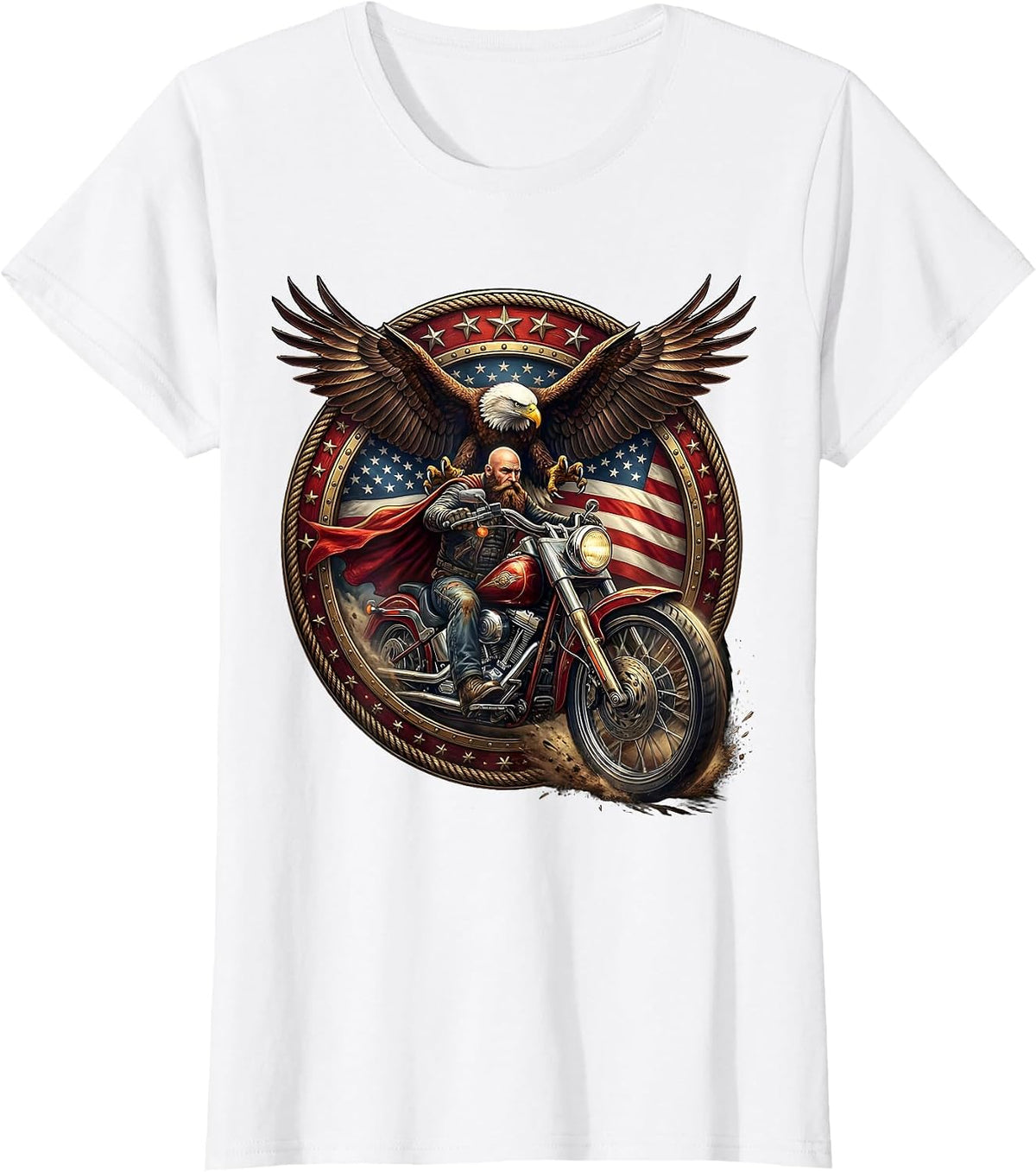 Bearded Biker American Flag Cape Motorcycle Rider T-Shirt - White