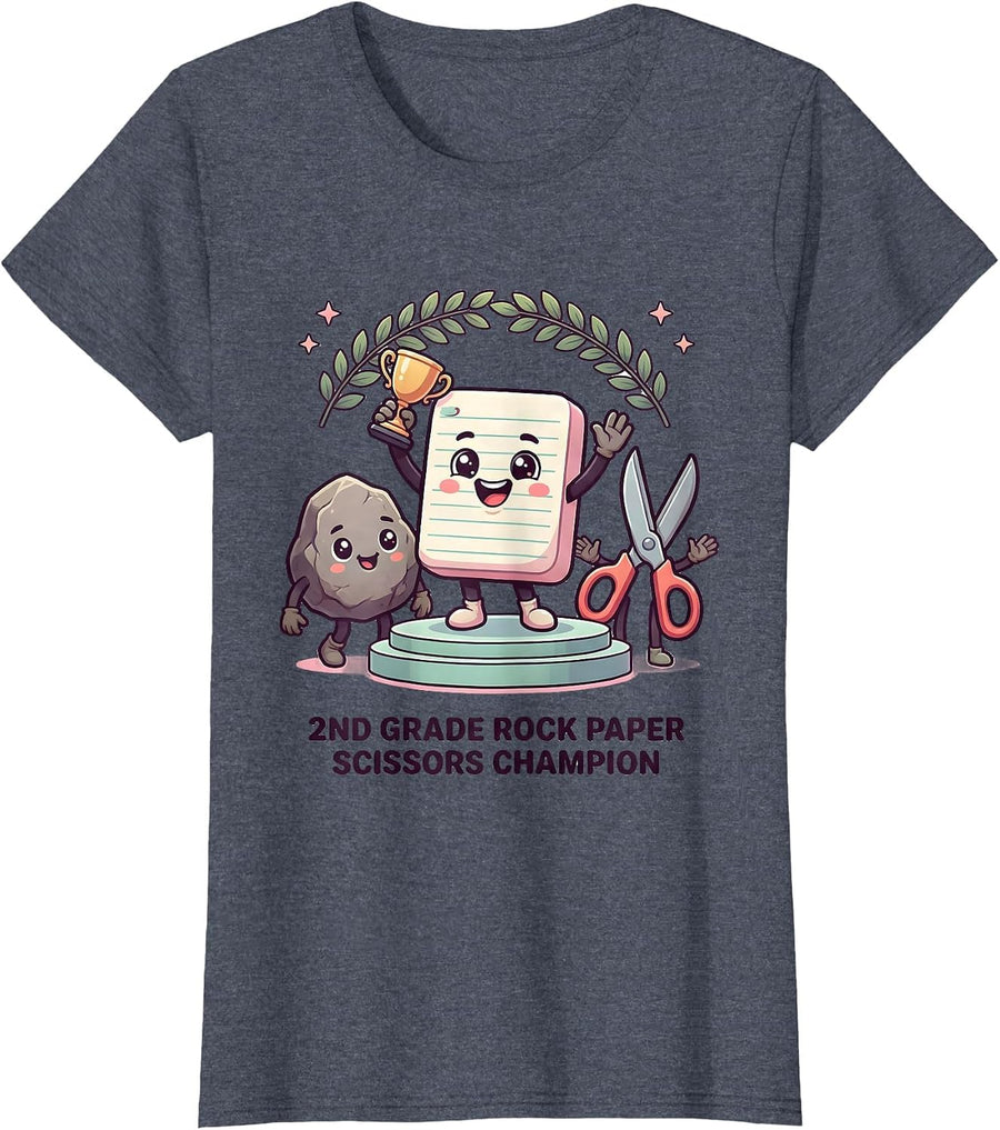 2nd Grade Rock Paper Scissors Champion Cute Kawaii Back T-Shirt, Women, Heather Blue, 3X-Large - As Pictured