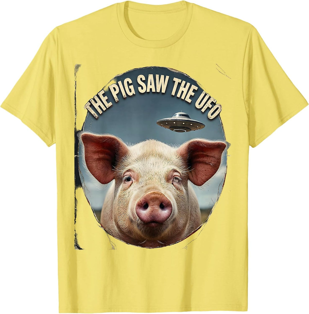 Men's The Pig Saw The UFO Distressed Funny Animal Lover Gift T-Shirt - Lemon Yellow