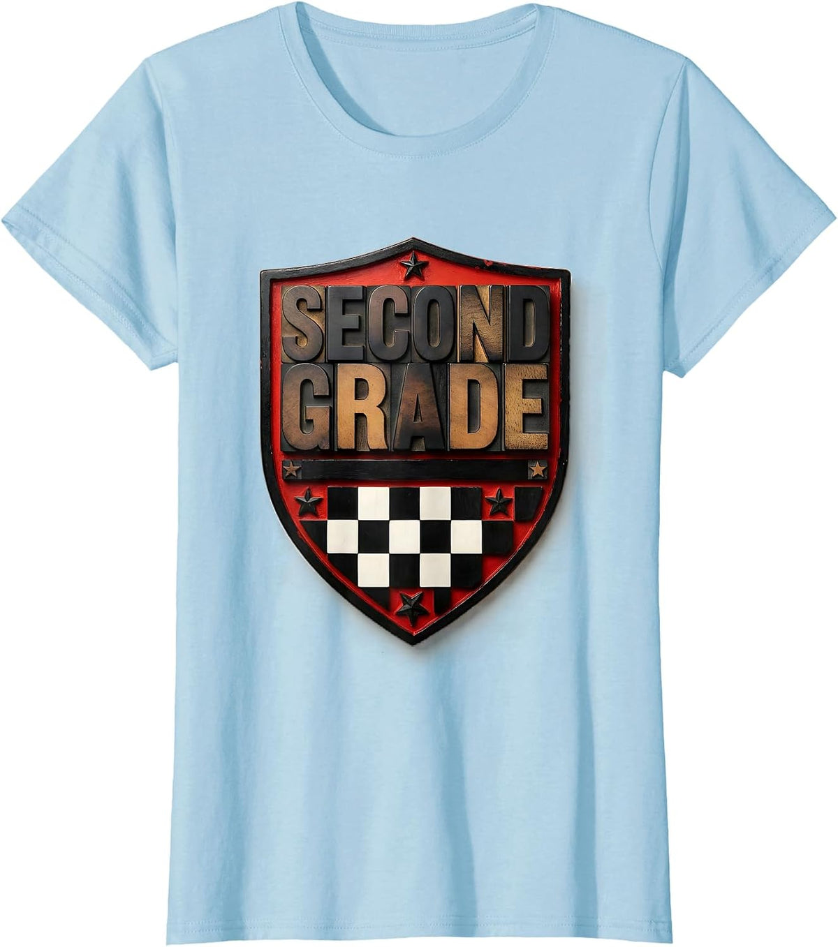 Second Grade Wood Type Letterpress Retro Checkered Back T-Shirt - Baby Blue