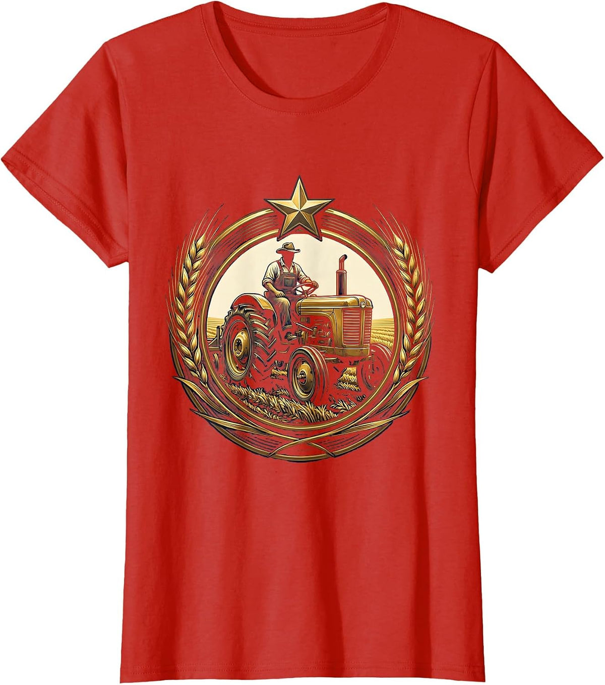 Country Man Driving Old Tractor Farmer Illustration T-Shirt - Red