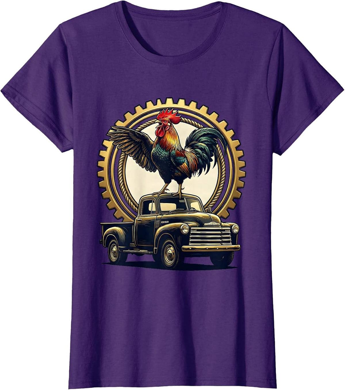 Women's Rooster Crowing Atop Old Pickup Truck T-Shirt - Purple