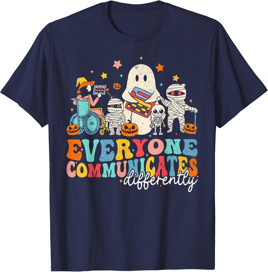 Everyone Communicates Differently Halloween SLP Sped Teacher T-Shirt - Navy Blue