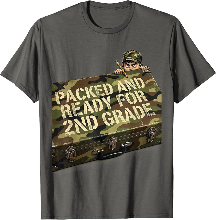Packed And Ready For 2nd Grade Vintage Camo Back To School T-Shirt - Asphalt Grey
