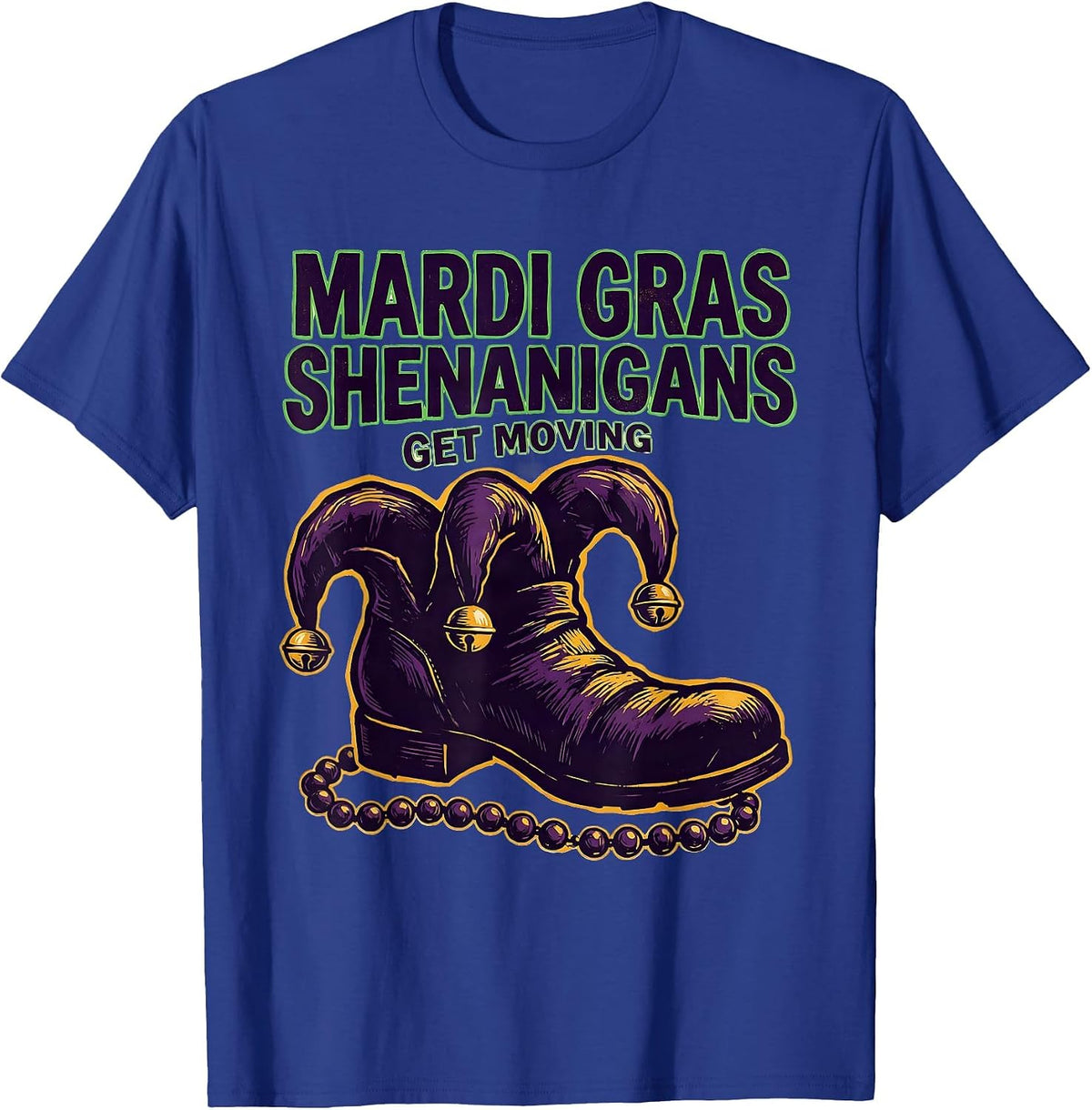 Mardi Gras Shenanigans Get Moving Linocut Carnival Party T-Shirt - Royal Blue