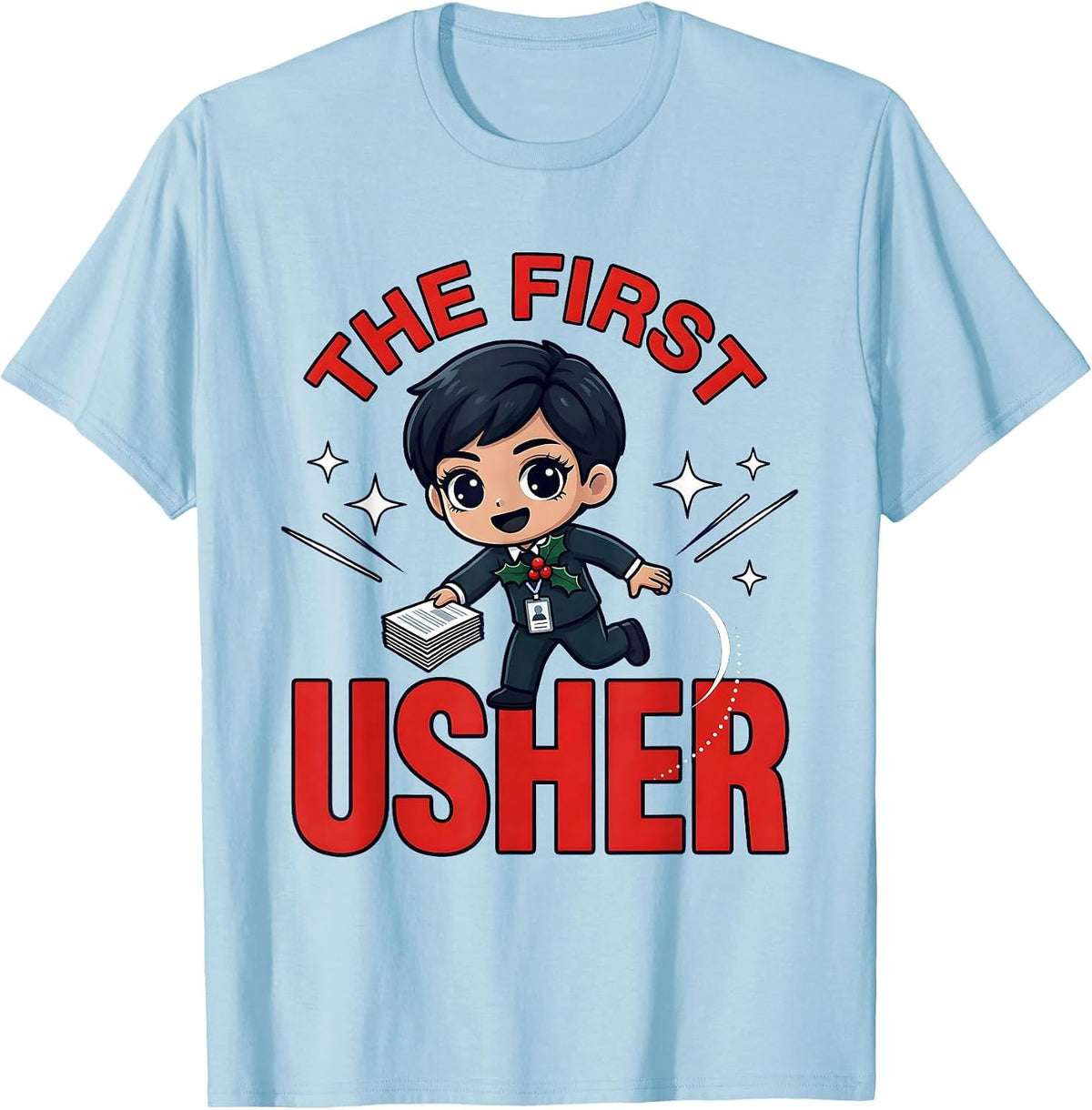 Men's THE FIRST USHER Funny School Staff Christmas Cartoon T-Shirt - Baby Blue