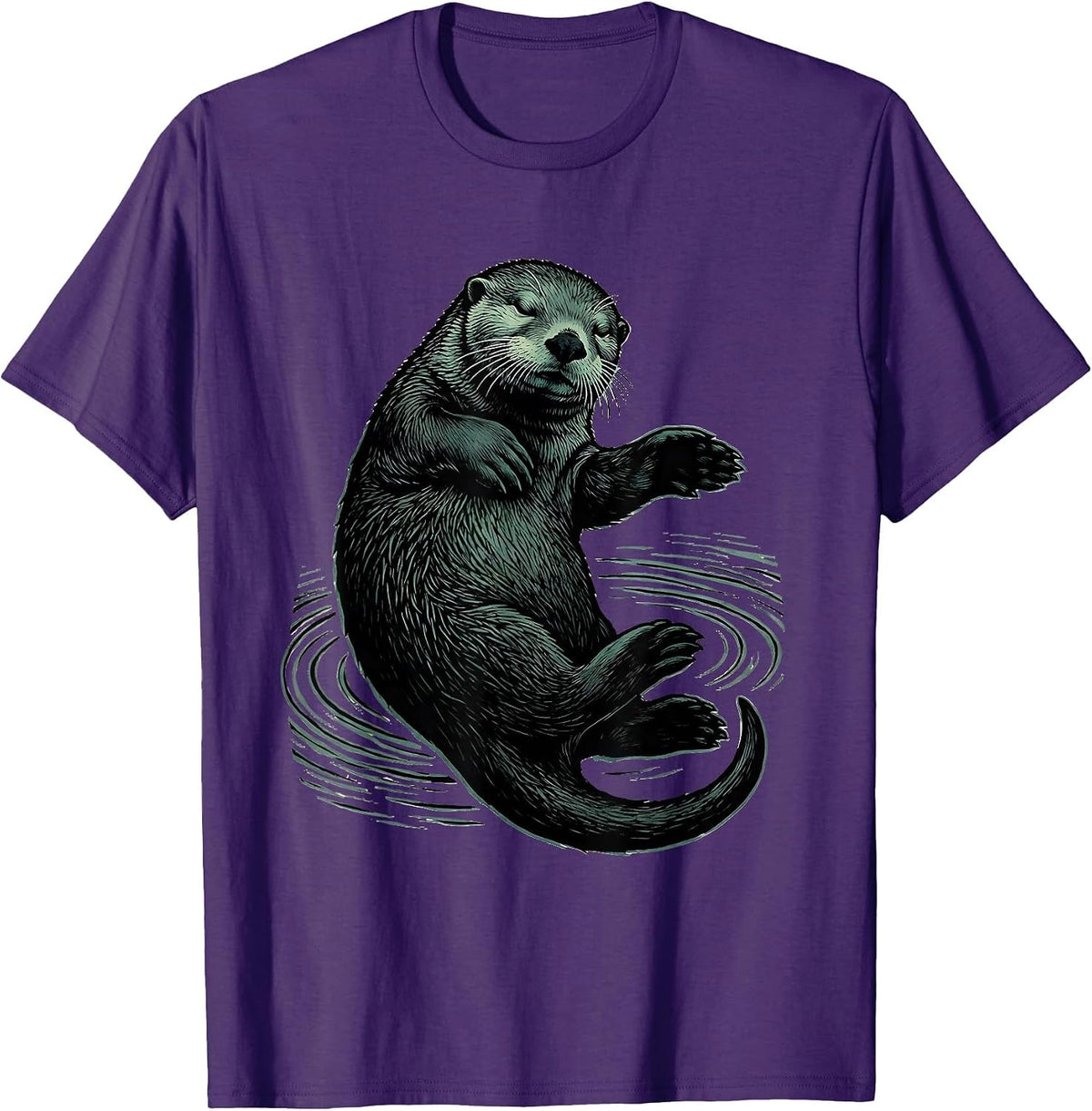 Men's Sea Otter Linocut Nature Lover Humor T-Shirt - Purple