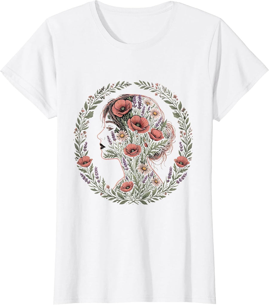 Women's Autism Awareness Wildflower Garden Profile Art T-Shirt - White