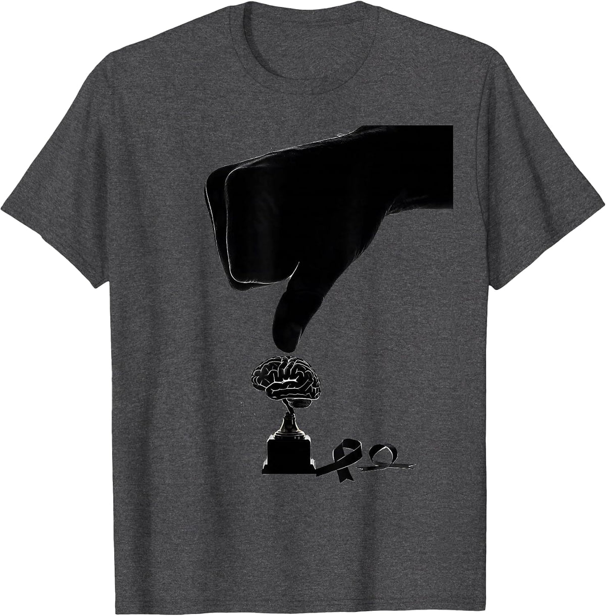 Men's Thumbs Down Brain On Pedestal Parkinson's Defiant Humor T-Shirt - Dark Heather Grey