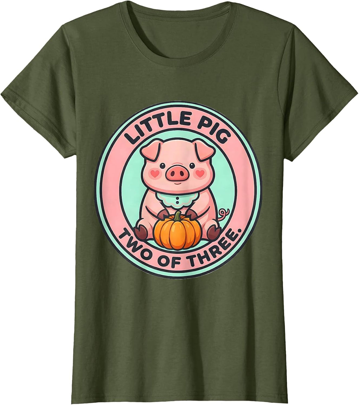 Women's Little Pig Two Of Three Cute Kawaii Pig Lover Halloween T-Shirt - Olive Green