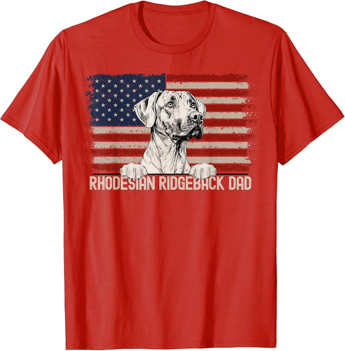 Best Dog Dad Ever American Flag - Rhodesian Ridgeback Dad T-Shirt - Red