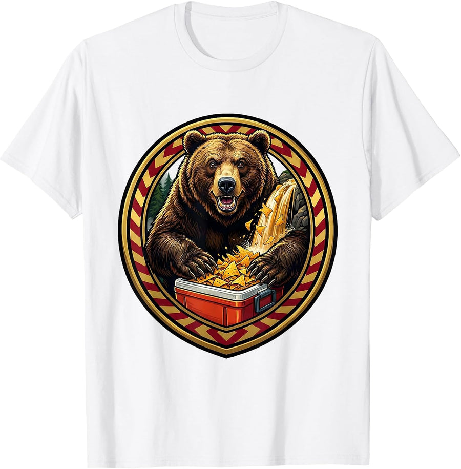 Men's Funny Bear Stealing Nachos Campsite Cooler Design T-Shirt - White