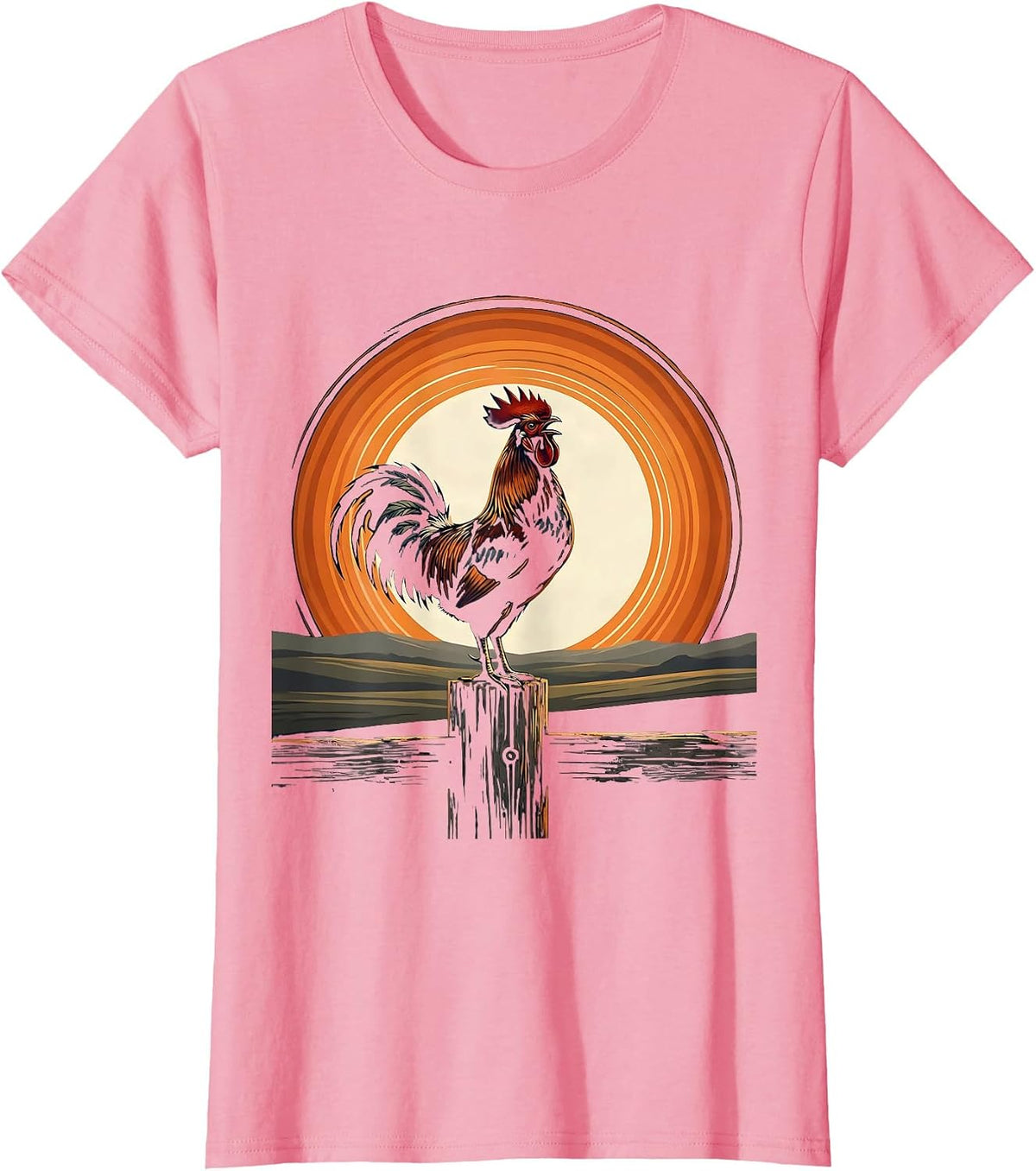 Women's Rooster Crowing on Fence Post Graphic T-Shirt - Pink