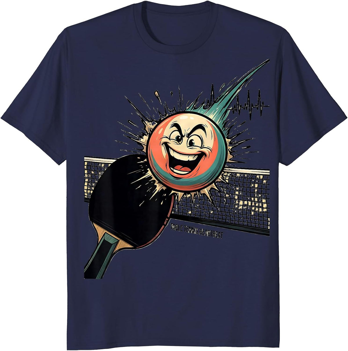 Men's Table Tennis Heartbeat Cartoon Ping Pong Player Humor T-Shirt - Navy Blue