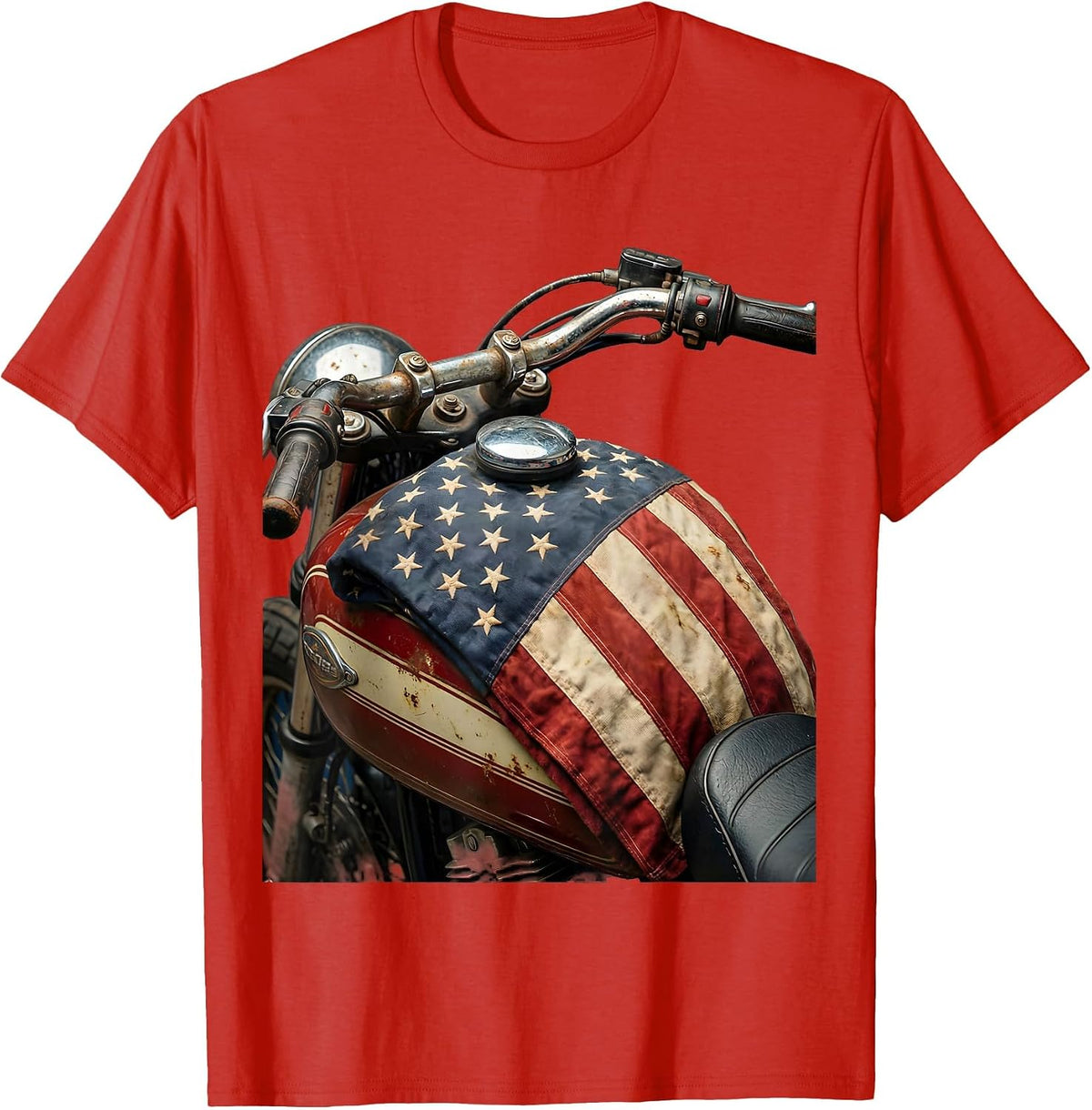 Men's American Flag Draped Motorcycle Gas Tank T-Shirt - Red