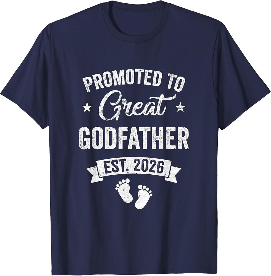 Promoted to Great Godfather Est 2026 Pregnancy Announcement T-Shirt - Navy Blue