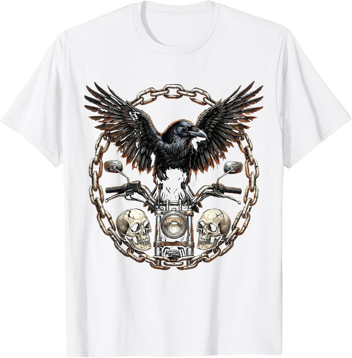 Men's Raven on Rusted Motorcycle Handlebar Biker Art T-Shirt - White