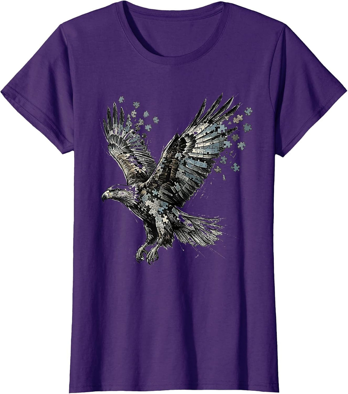 Women's Autism Awareness Puzzle Piece Soaring Bird Design T-Shirt - Purple