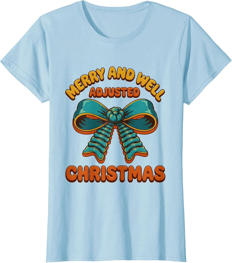 Women's Merry And Well Adjusted Christmas Retro 70s Chiropractor T-Shirt - Baby Blue