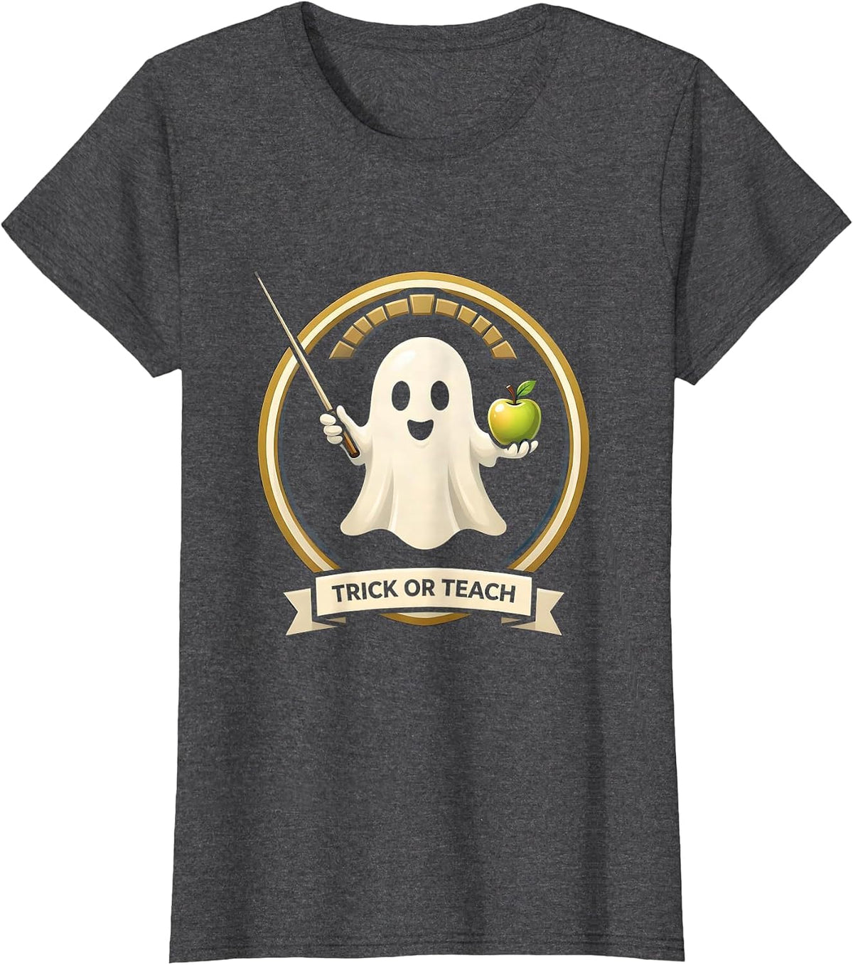 Women's Trick Or Teach Emblem Funny Teacher Halloween Ghost Pun T-Shirt - Dark Heather Grey