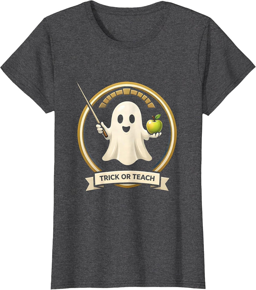 Women's Trick Or Teach Emblem Funny Teacher Halloween Ghost Pun T-Shirt - Dark Heather Grey