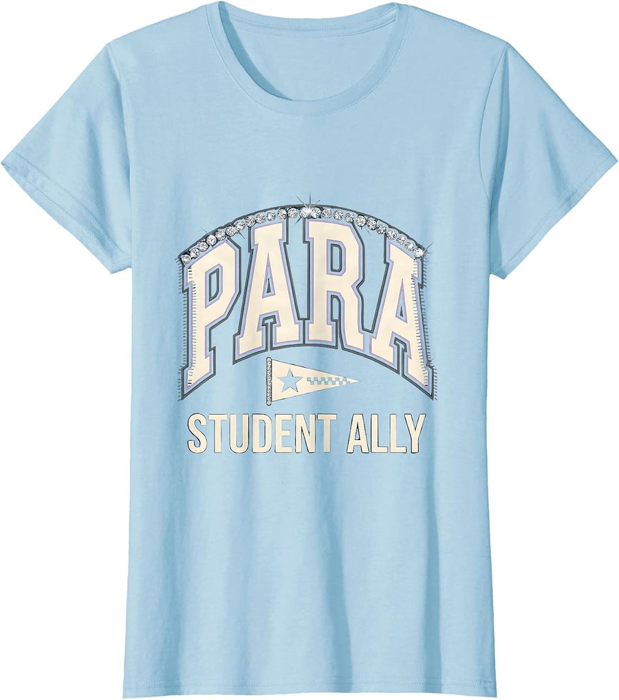 Women's Para Student Ally Sparkle Varsity Teacher's Aide T-Shirt - Baby Blue