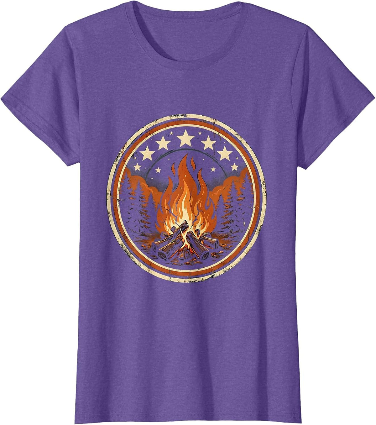 Campfire Under a Starry Night Sky Illustration T-Shirt - Purple Heather