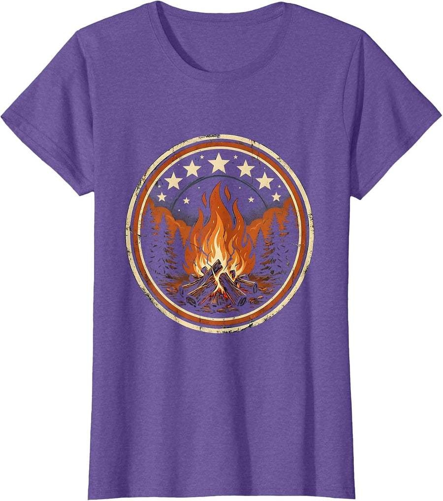Campfire Under a Starry Night Sky Illustration T-Shirt - Purple Heather