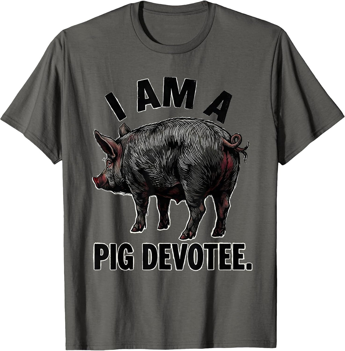 Men's I Am A Pig Devotee Funny Pig Lover Linocut Farm Animal Humor T-Shirt - Asphalt Grey