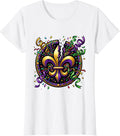 Women's Mardi Gras Fleur-de-Lis Confetti Burst Design T-Shirt - White