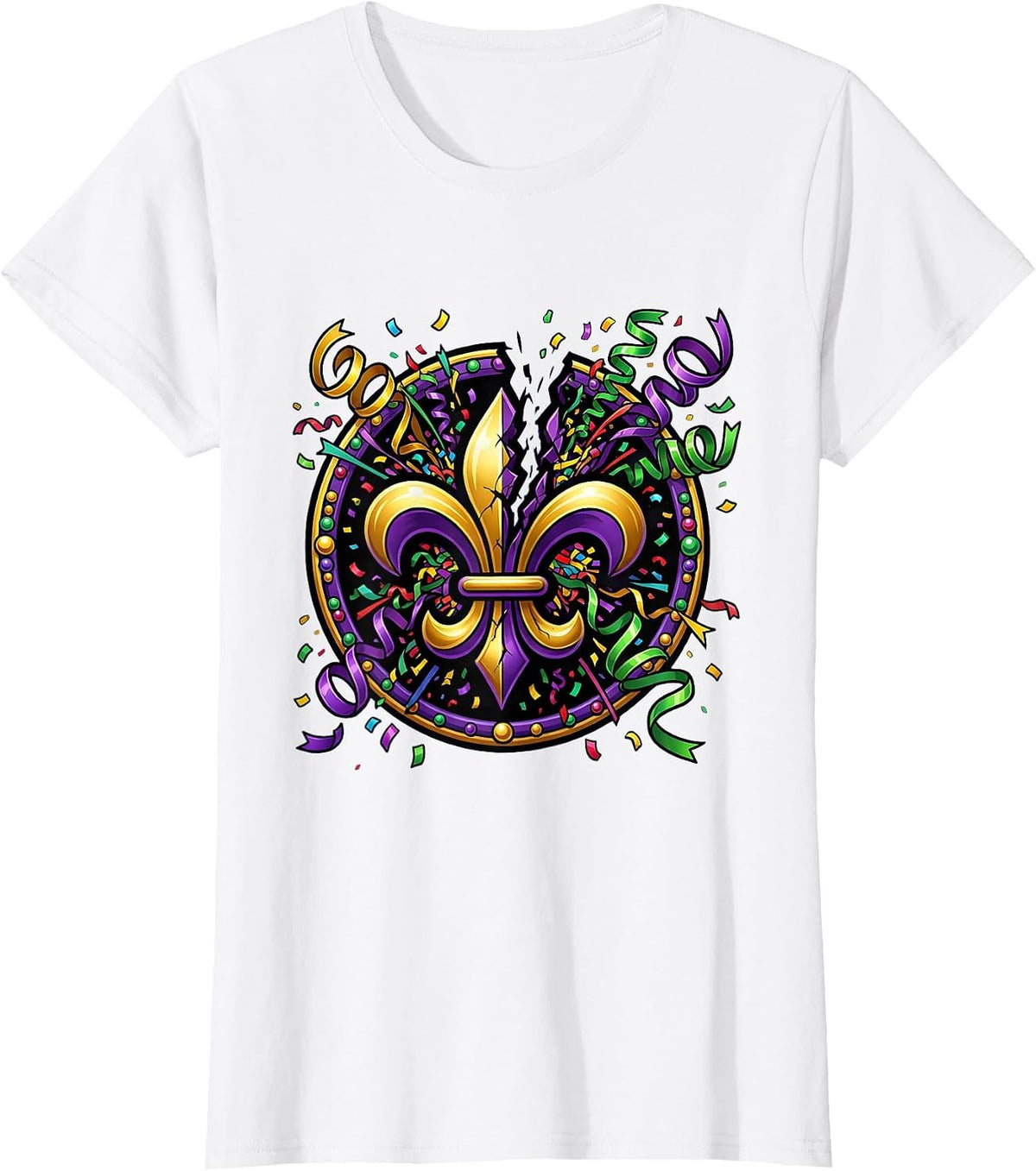 Women's Mardi Gras Fleur-de-Lis Confetti Burst Design T-Shirt - White